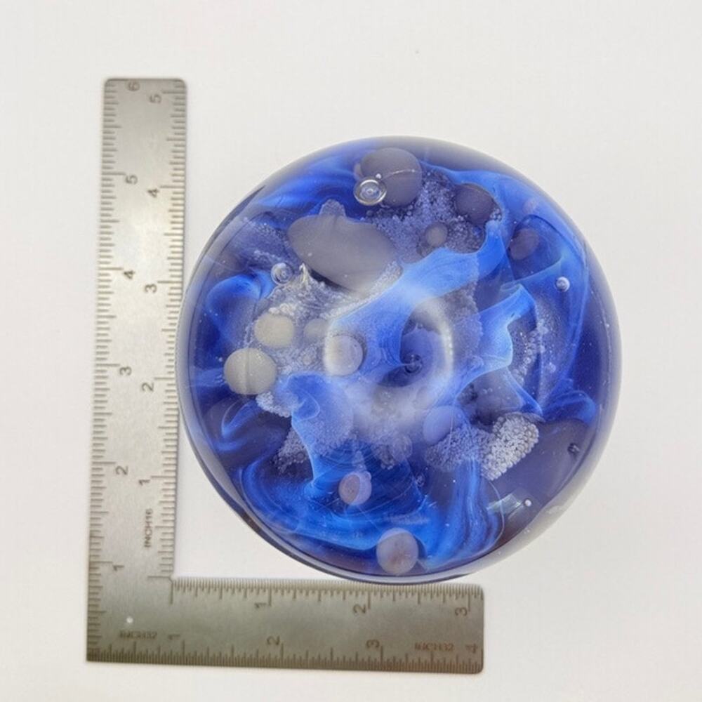 Unsigned Blue Paperweight Sea Ocean Pearl Swirl Bubbles Flora Fauna - Picture 10 of 10